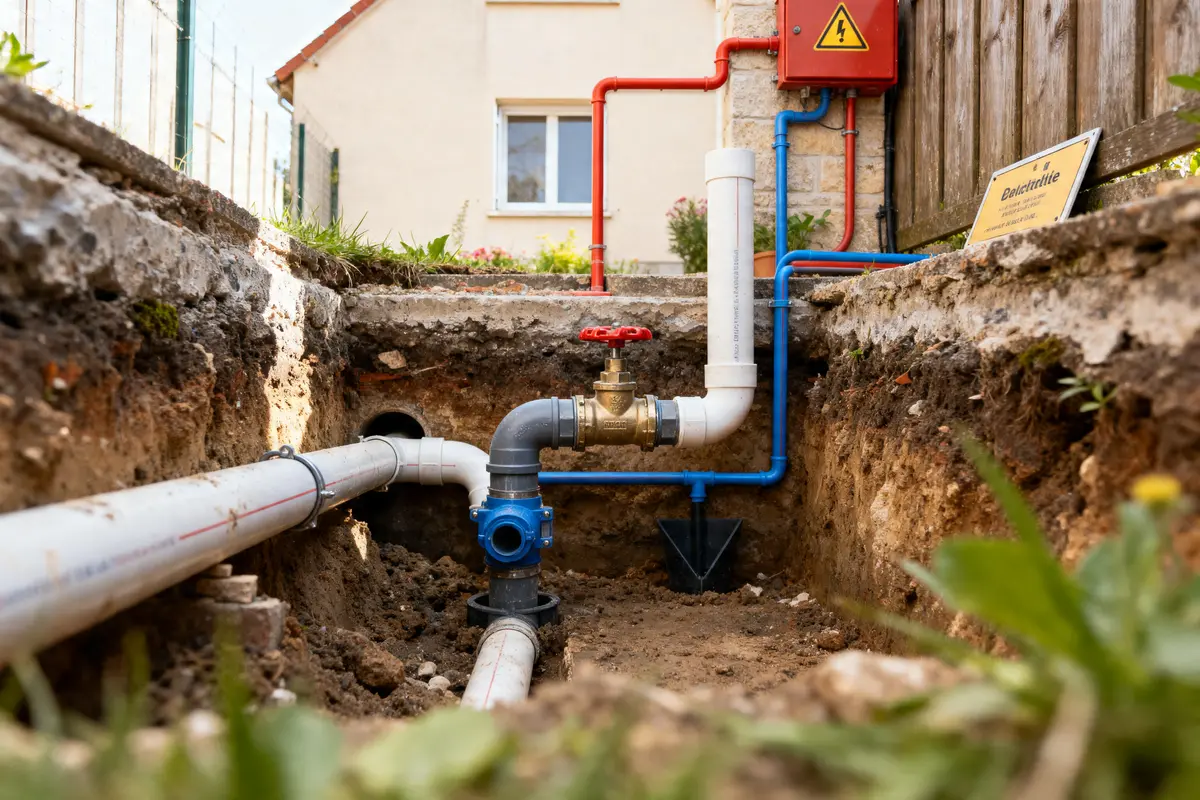 Tuyaux souterrains illustrant le schéma d'évacuation des eaux usées d'une maison en construction.
