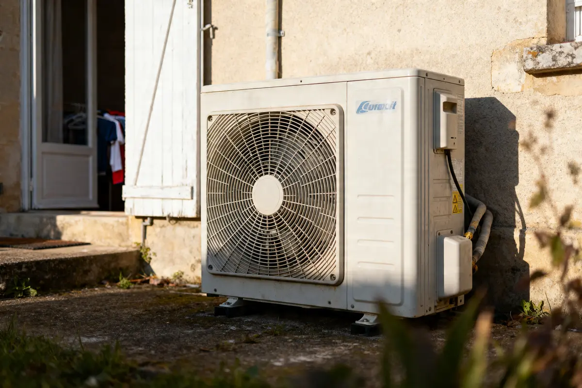 Unité extérieure d'un sèche-linge pompe à chaleur inconvénient exposée en extérieur près d'une maison