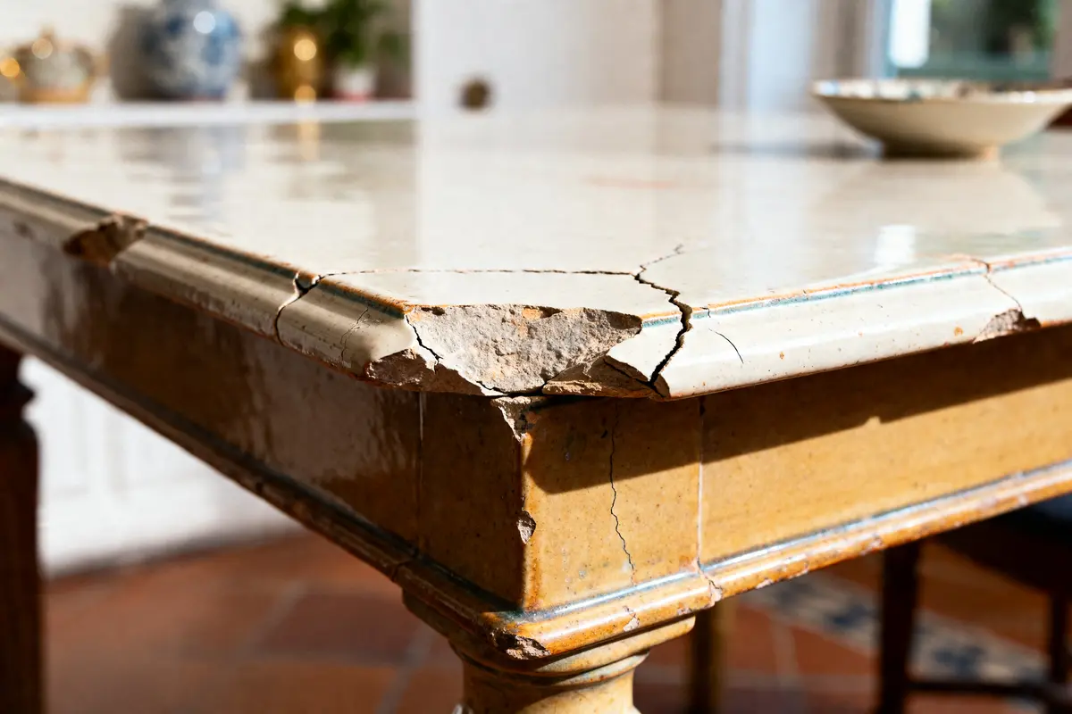 Table céramique inconvénient : bord abîmé et fissuré en gros plan sans protection efficace