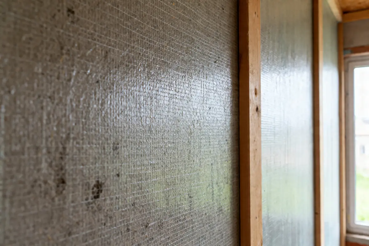 Mur revêtu de toile de verre pour respiration des murs dans une maison en rénovation