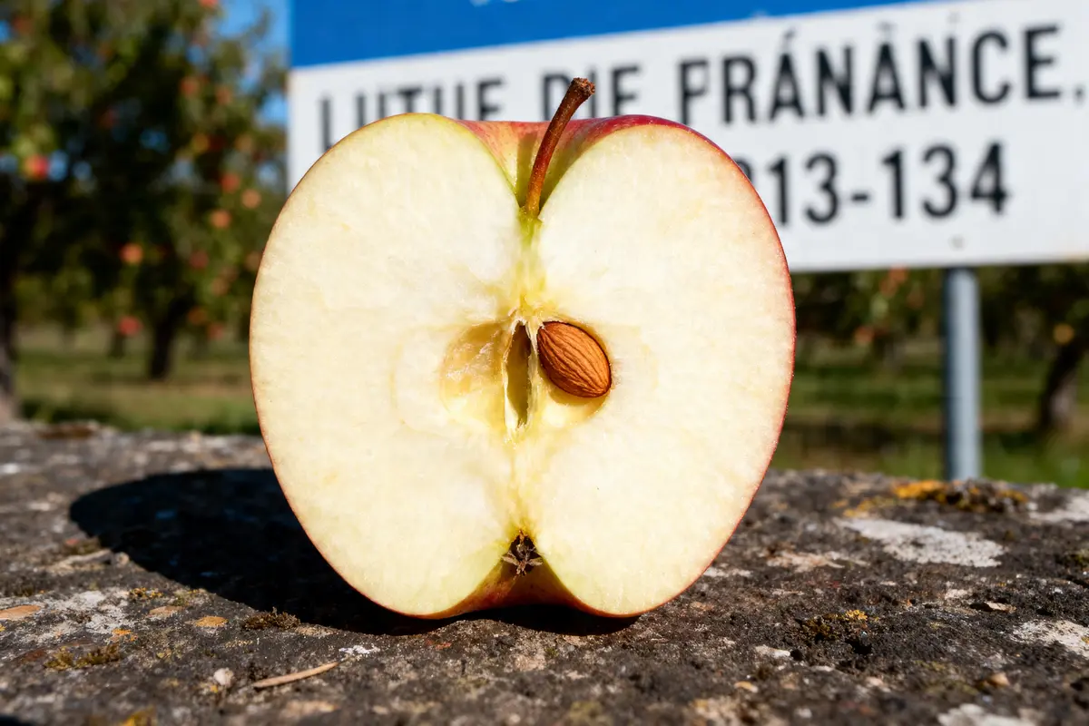 Moitié de pomme montrant le trognon de pomme avec pépin sur fond de verger
