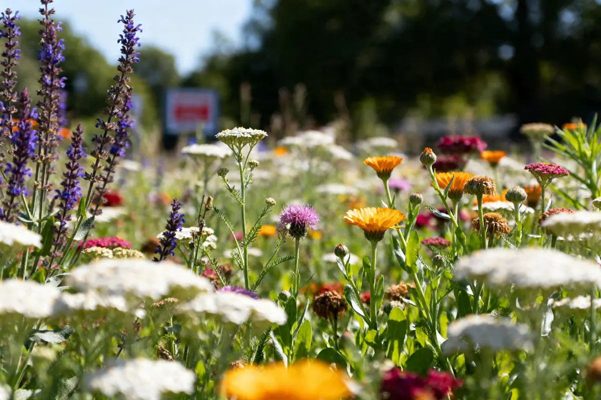 Champ coloré présentant divers types de fleurs sauvages sous ciel ensoleillé