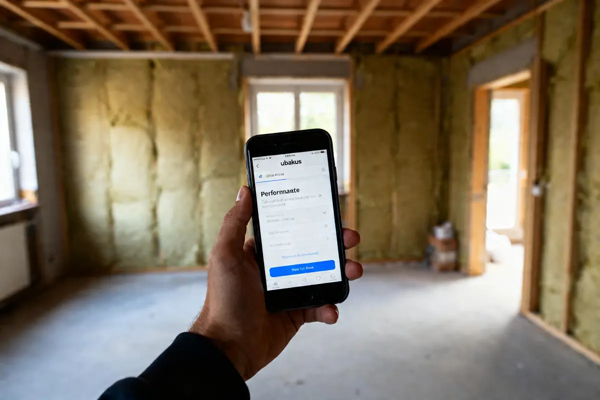 Main tenant un smartphone ouvert sur l'application ubakus dans une pièce isolée en construction