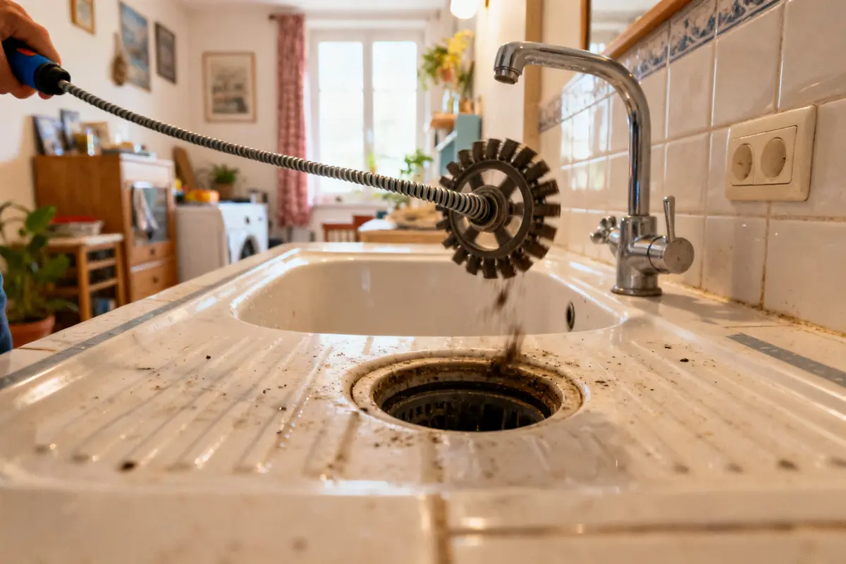 Évier bouché débouché avec furet outil dans la cuisine pour enlever saleté lavabo