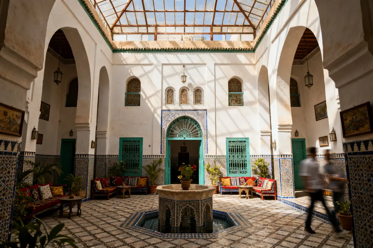 Cour intérieure ensoleillée d'une maison traditionnelle tunisienne avec fontaine et arcades élégantes