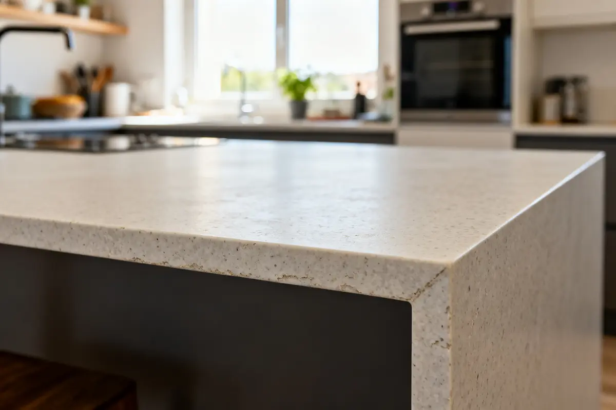 Plan de travail corian en gros plan éclairé par fenêtre prix m2 abordable moderne