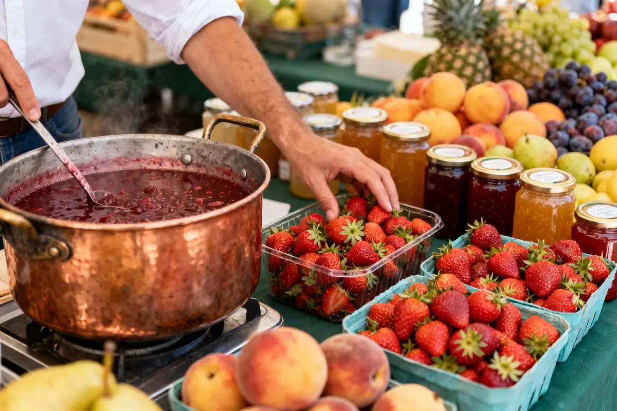 Homme préparant confiture de fraises et fruits frais sur un marché provence gourmande produits du terroir
