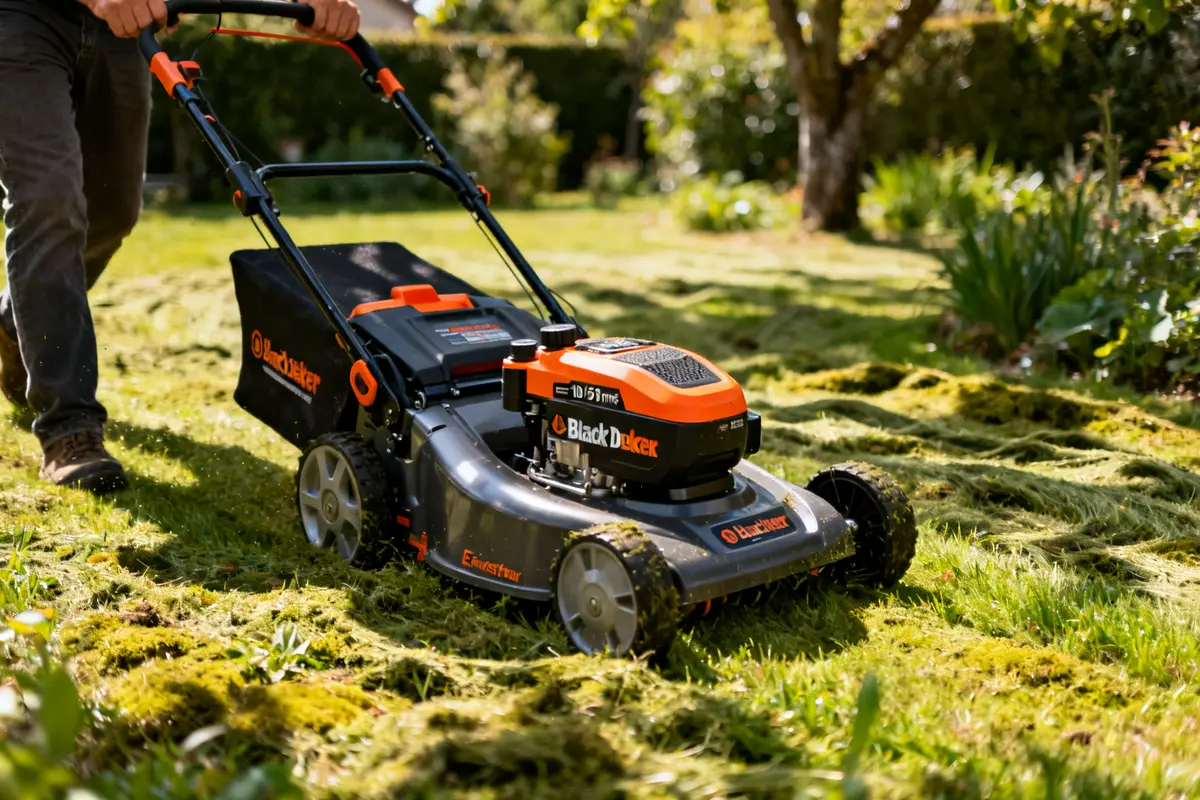 Homme tondant pelouse avec une tondeuse Black Decker électrique dans un jardin verdoyant