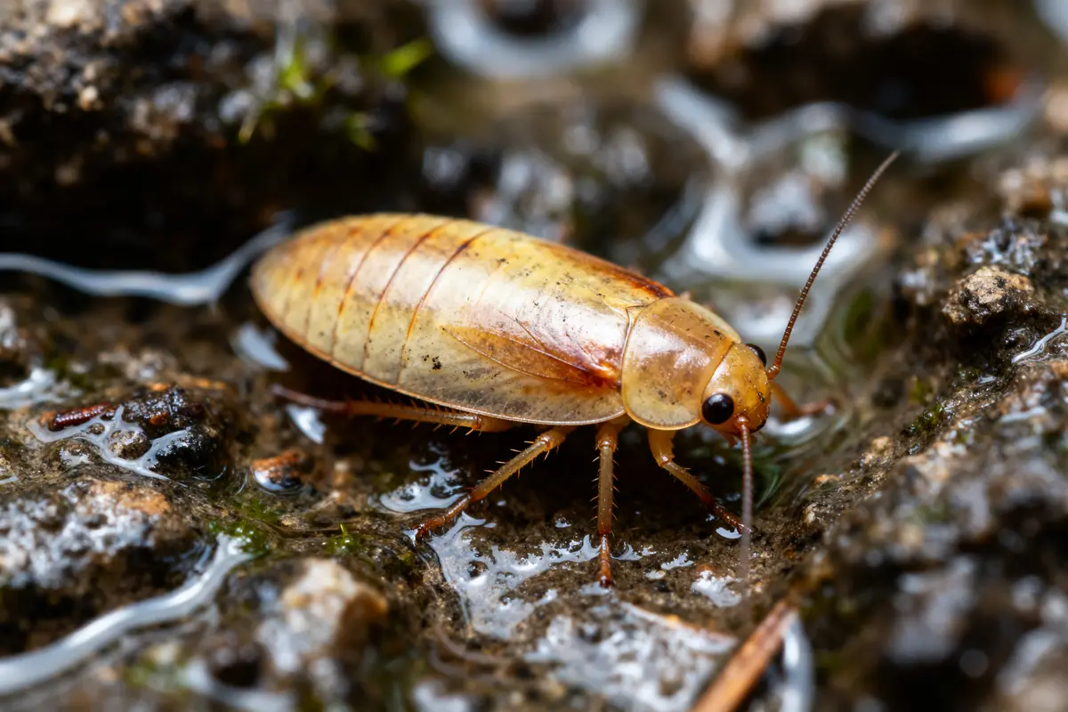 Gros plan sur une blatte des jardins sur un sol humide et pierreux