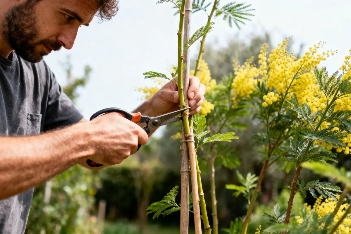 pexels-michal-pech-213601-757318 (1) Homme taillant une plante à fleurs jaunes, extérieur, utilisant des ciseaux de jardinage, proche des branches.