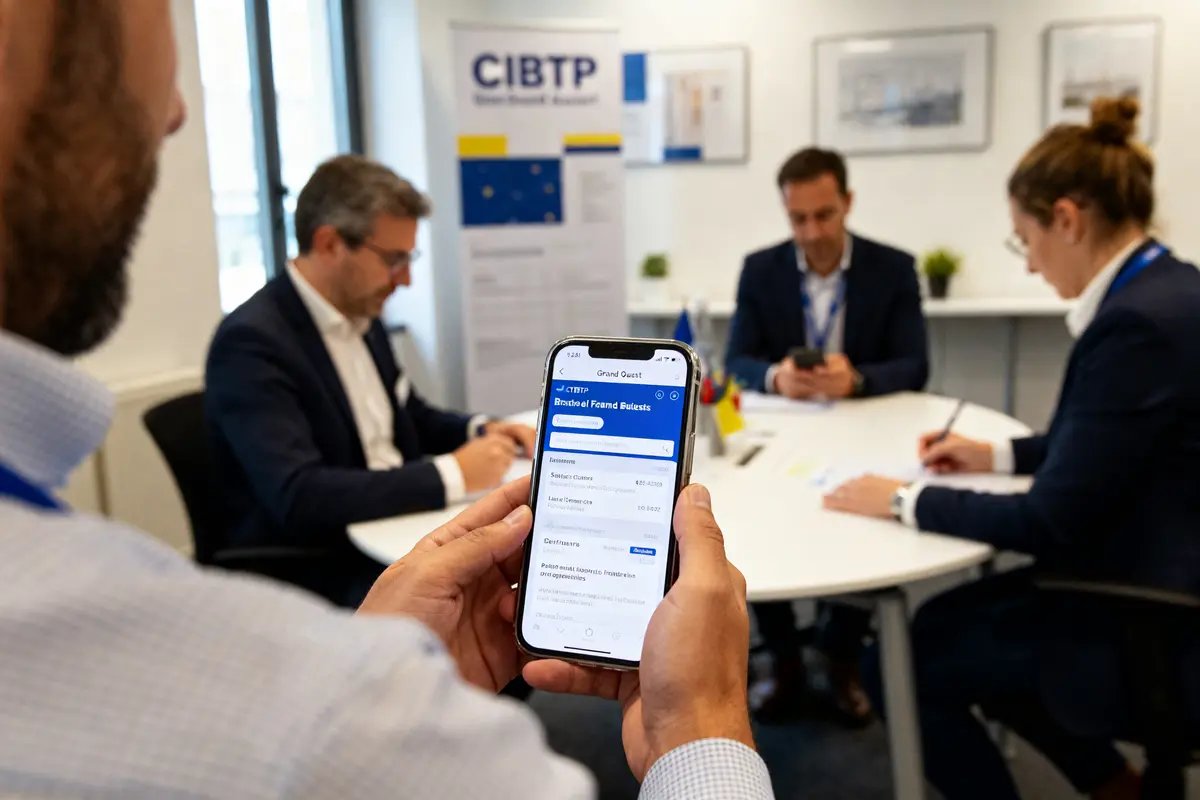 Personnes en réunion avec l'application mobile CIBTP Grand Ouest sur écran de téléphone