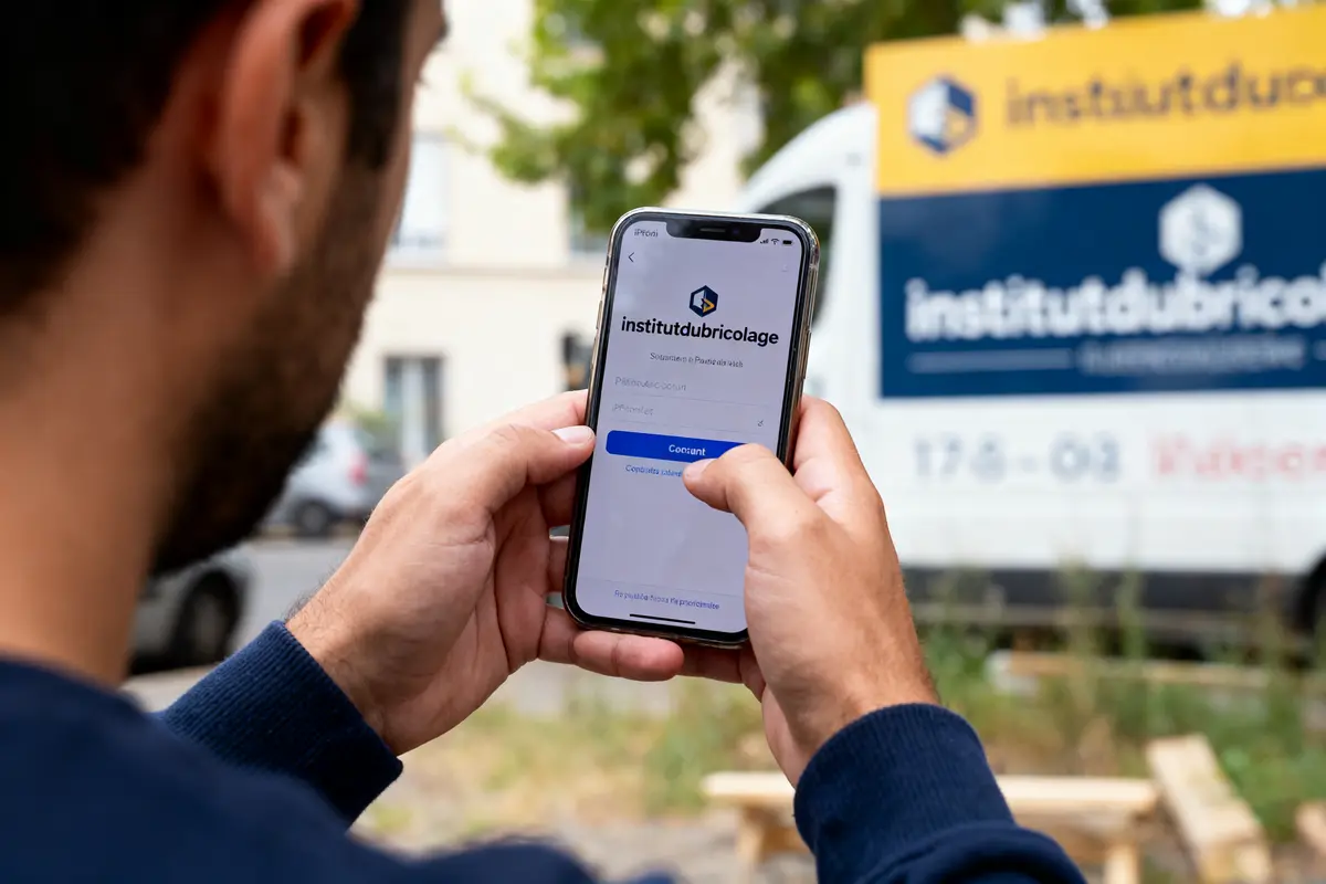 pexels-michal-pech-213601-757318 (1) Personne accédant à l'application "institutdubricolage" sur smartphone, camion en arrière-plan flou.