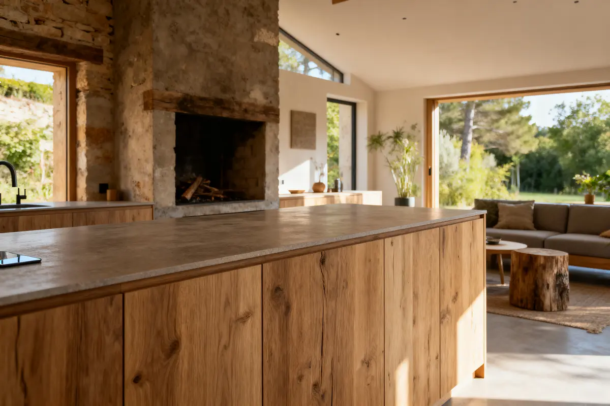 Cuisine moderne avec îlot en bois, cheminée en pierre, vue sur jardin luxuriant et salon lumineux.