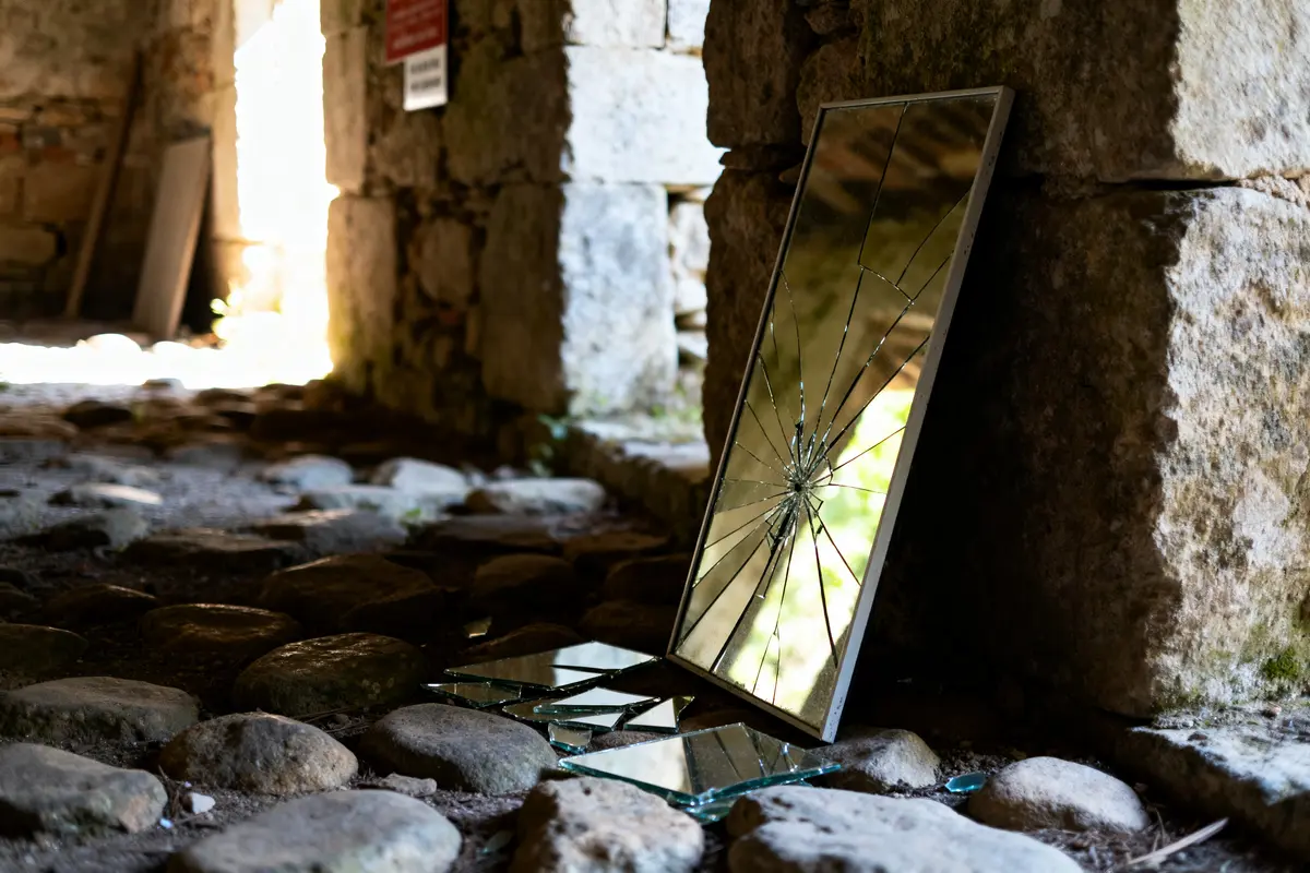 Miroir cassé appuyé contre un mur en pierre dans un bâtiment en ruines