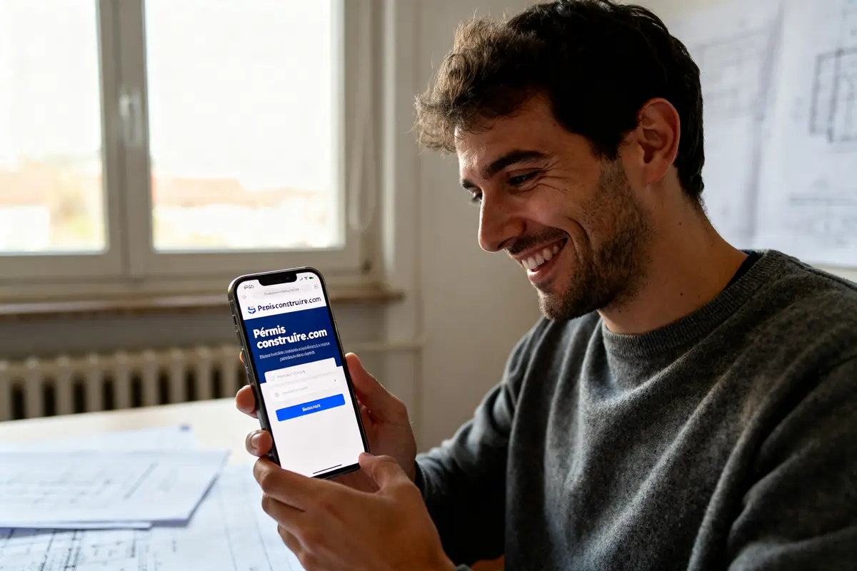 Homme consultant sur mobile les avis du site permis-construire.com dans un bureau lumineux