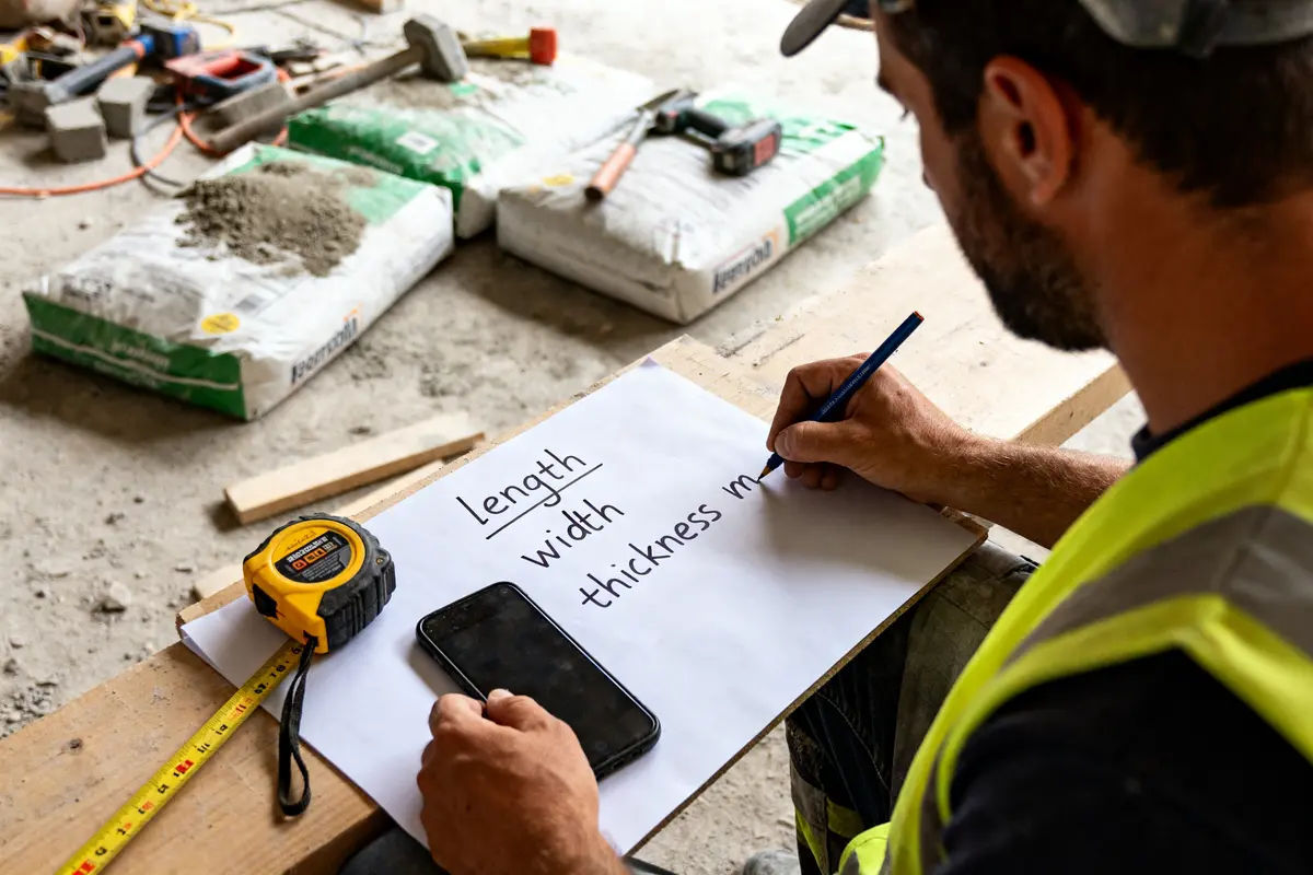 Ouvrier de chantier faisant un calcul pour le béton avec mètre et plan sur table