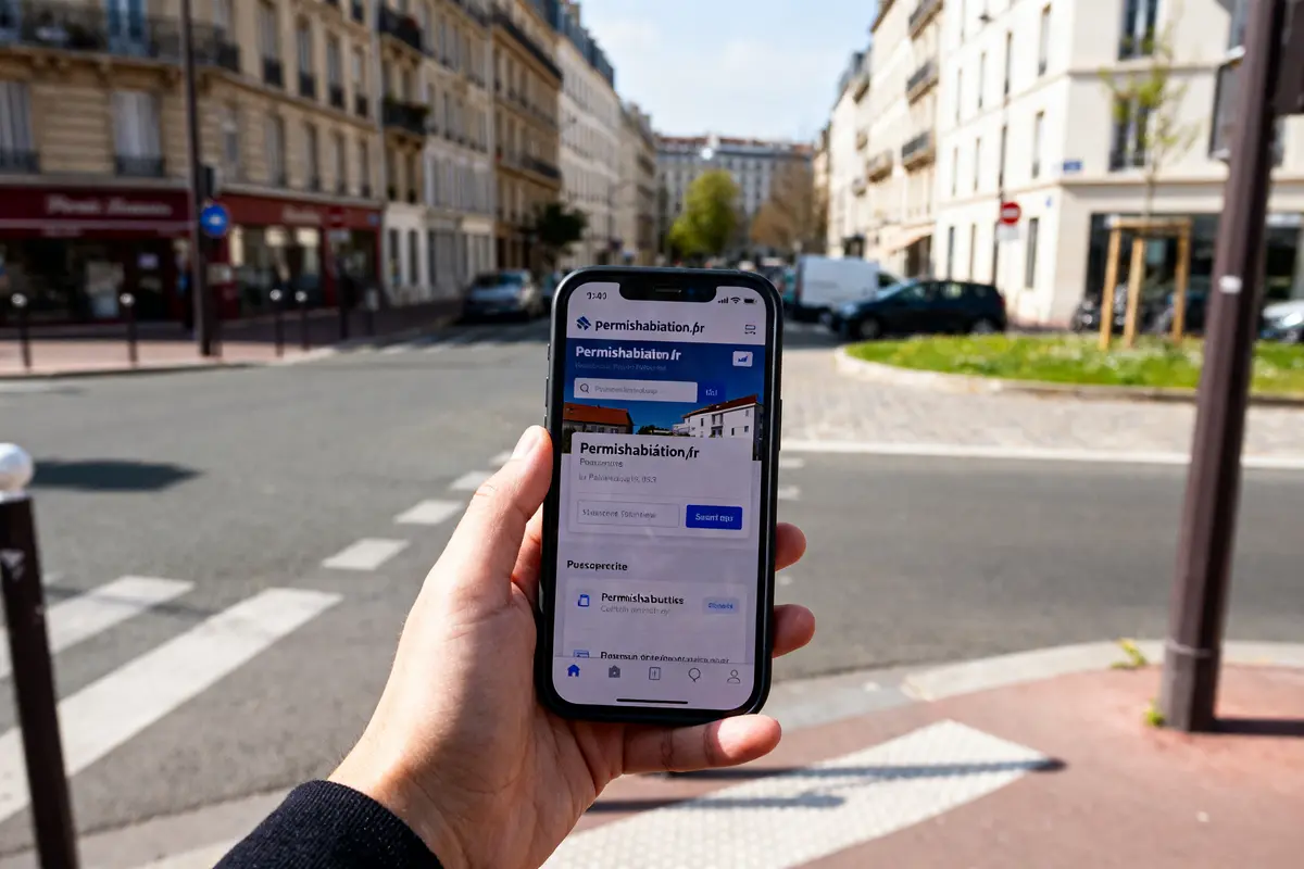 Téléphone affichant le site Permis d'habitation dans une rue urbaine ensoleillée