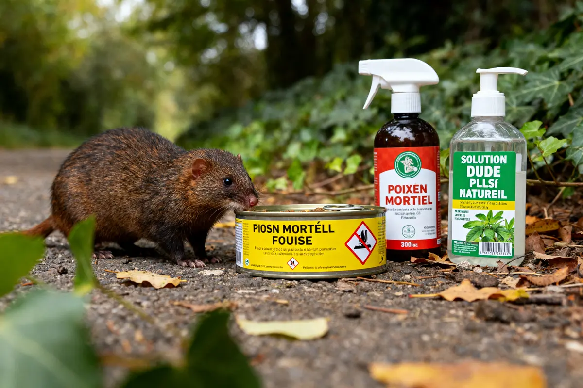 Fouine reniflant un conteneur de poison mortel pour fouine sur chemin forestier.