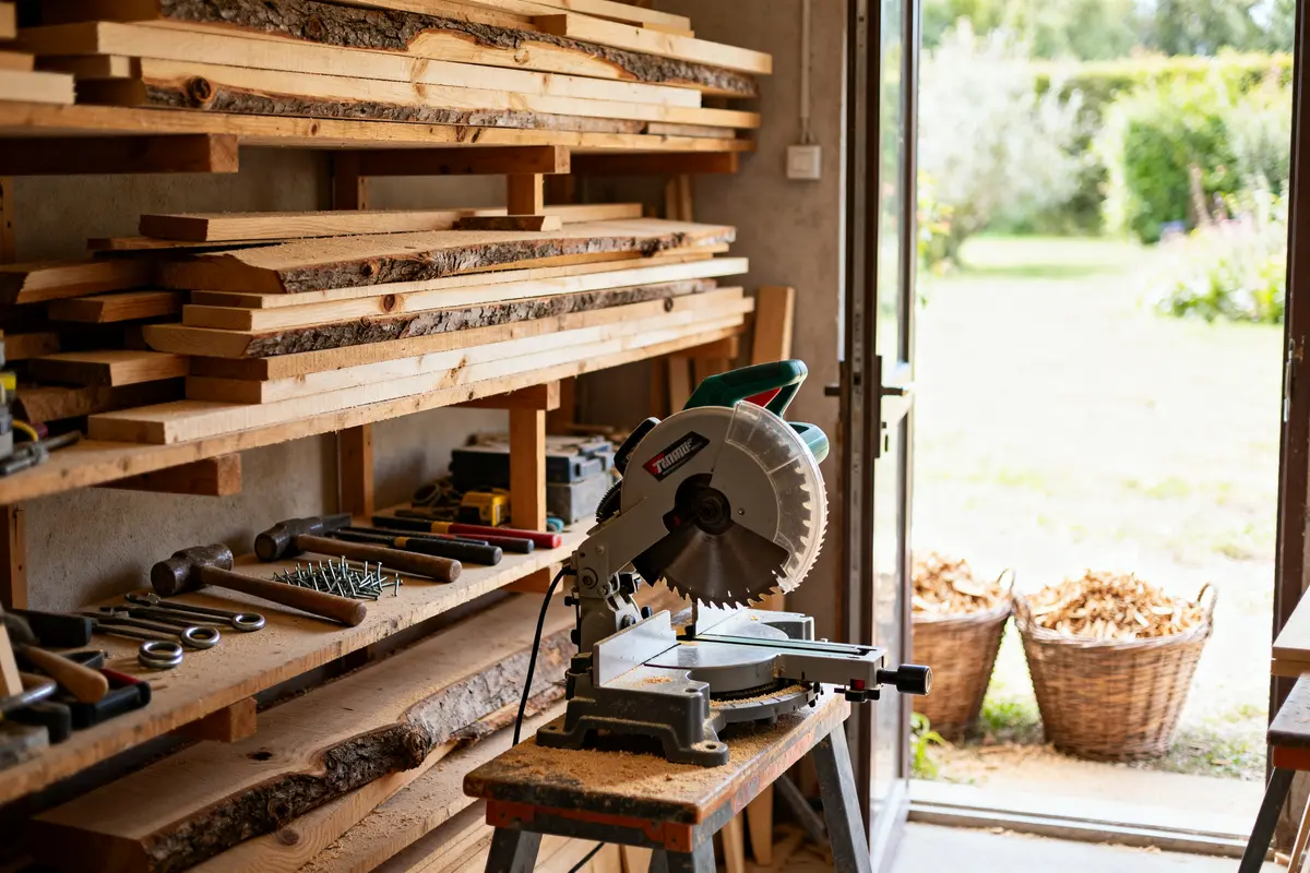 Scie à onglet et étagères de planches de bois dans un atelier de sm bois