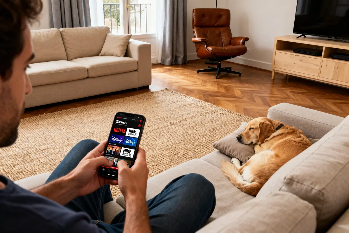 Homme utilisant l'application Zakmav sur smartphone avec chien dormant sur le canapé à côté